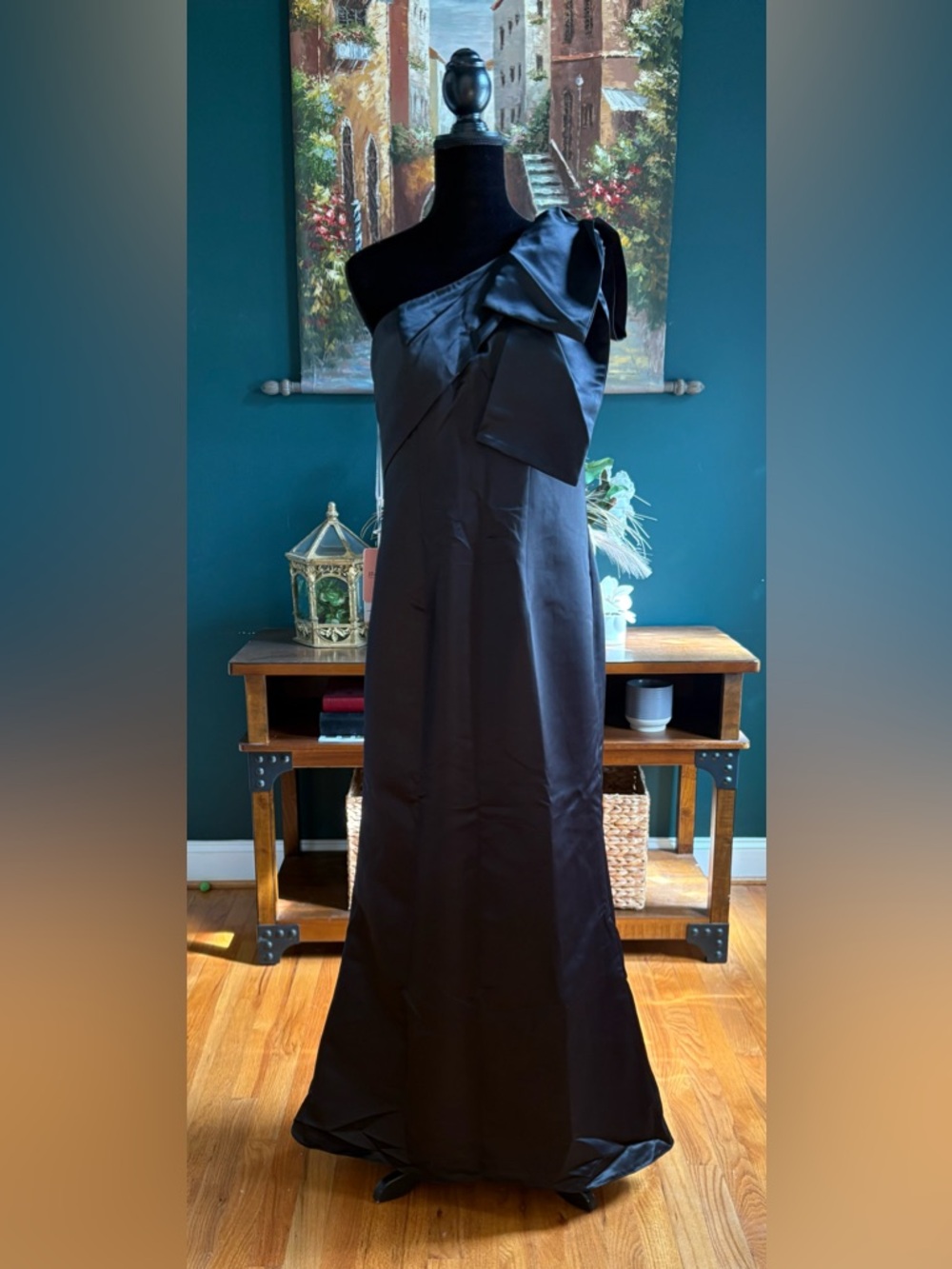JJs House Black One-Shoulder Maxi Gown with Bow Accent